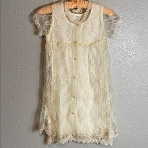 Vintage Elena Collection Ivory Lace Dress – Pearl Button Sheer Overlay Over Slip